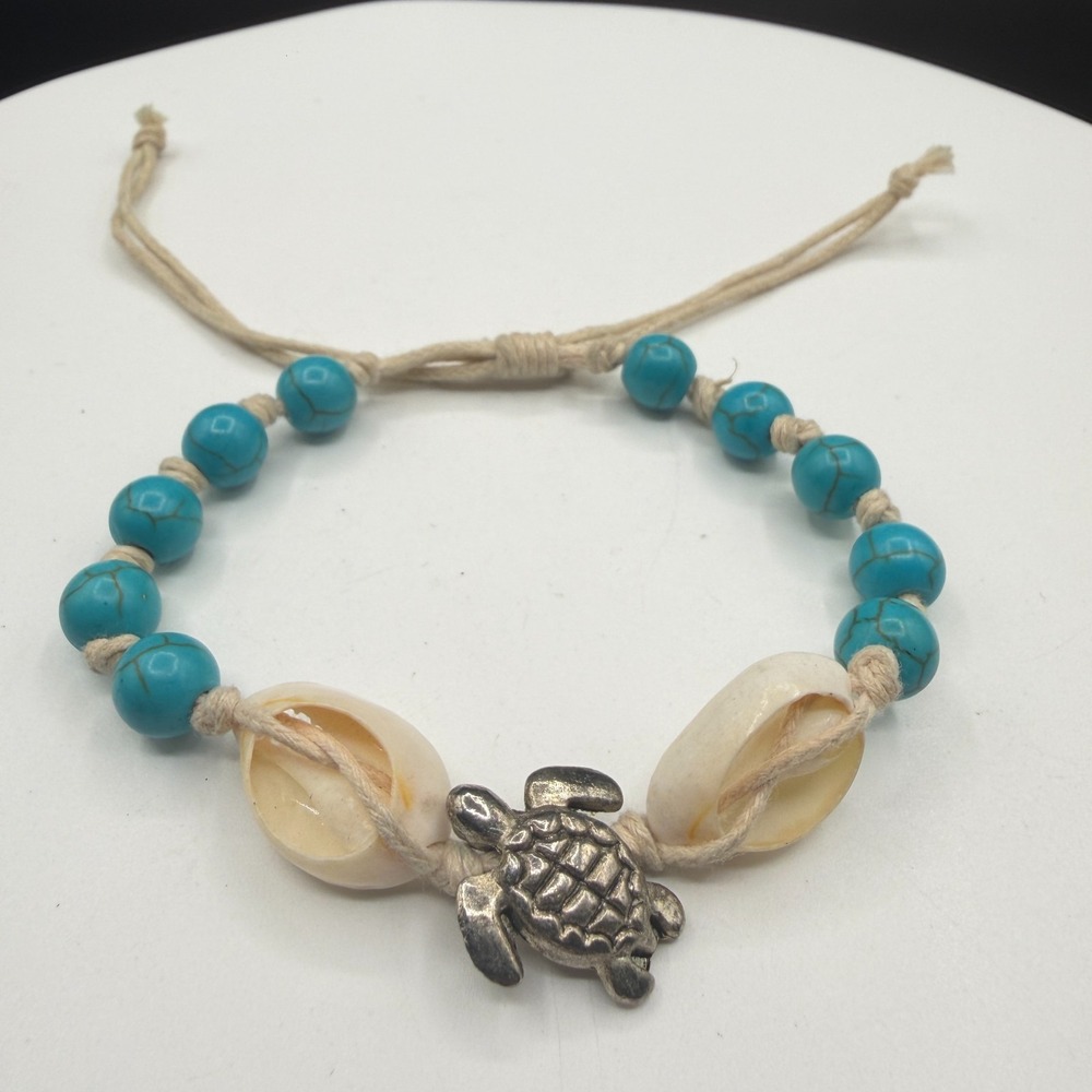 Boho Sea Turtle Bracelet Blue Beads Cowrie Shell Adjustable Beach Surfer Gift